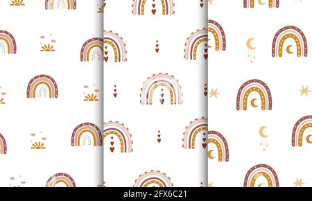 Insieme di modelli senza giunture con arcobaleno astratto, luna e sole. Design contemporaneo per carta da parati e arredamento domestico. Moderna illustrazione vettoriale in boho Illustrazione Vettoriale