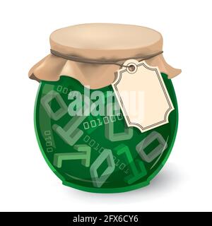 Dati ben protetti, protezione dei dati, concetto vintage divertente. Immagine del vaso in vetro jam con simboli 3d a codice binario ed etichetta con la posizione per il testo. Illustrazione Vettoriale