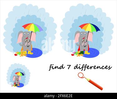 trova la differenza, un elefante cartoon si trova sotto un ombrello. un gioco per bambini. vettore isolato su uno sfondo bianco Illustrazione Vettoriale