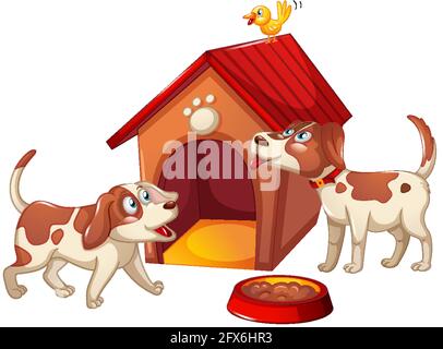 Due cani con doghouse isolato su sfondo bianco illustrazione Illustrazione Vettoriale
