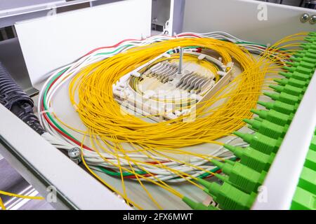 Vassoio di giunzione in fibra ottica nel telaio di distribuzione ottica Foto Stock