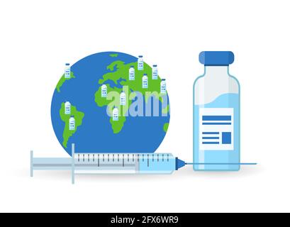 Un flacone di iniezione, una siringa e un globo. Concetto di vaccino diffuso in tutto il mondo. Distribuzione delle vaccinazioni in tutto il mondo. Vettore in stile piatto su WI Illustrazione Vettoriale