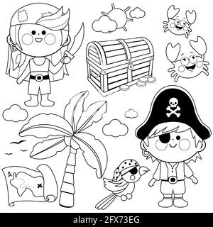 Bambini pirati e altre illustrazioni a tema pirati. Illustrazione in bianco e nero. Foto Stock