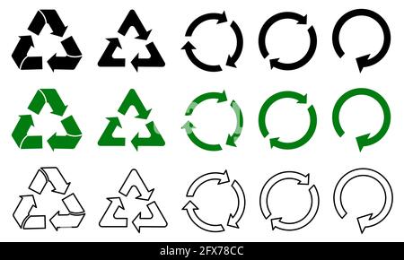 Set di icone per il riciclaggio. Cartelli di riciclaggio verdi, neri e a profilo. Illustrazione vettoriale Illustrazione Vettoriale