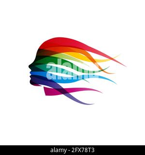 Vector logo ragazza con capelli ondulati nel vento. Testa donna astratta in colori arcobaleno Illustrazione Vettoriale