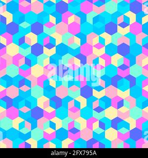 Sfondo geometrico astratto con esagoni, colori brillanti al neon anni '80. Motivo vettoriale senza giunture, colori rosa pastello, blu, giallo Illustrazione Vettoriale