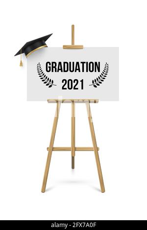 2021 banner per la cerimonia di laurea. Concetto di premio con cappello accademico, cavalletto e testo su cartellino di carta bianca Illustrazione Vettoriale