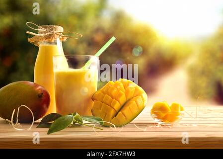Succo di mango appena raccolto da agricoltura biologica in piantagione di alberi di mango su tavola di legno. Vista frontale. Foto Stock