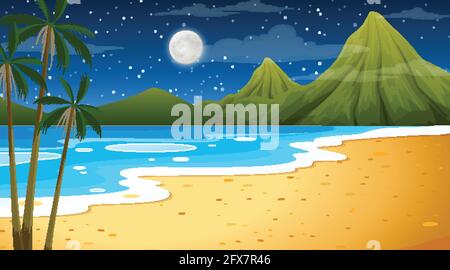 Spiaggia di notte paesaggio scena con l'illustrazione della palma Illustrazione Vettoriale