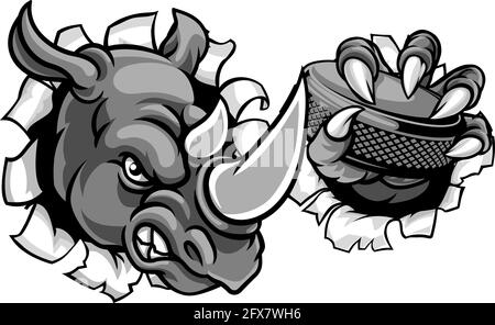 Rhino Ice Hockey Player animale mascotte sportive Illustrazione Vettoriale