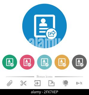 Esportare le icone bianche piatte dei contatti su sfondi rotondi. 6 icone bonus incluse. Illustrazione Vettoriale