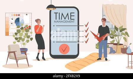 Illustrazione piatta del vettore di applicazione mobile di gestione del tempo. Uomo e donna in piedi vicino al grande schermo dello smartphone con elenco delle attività sul display. Ottimizzazione e organizzazione del lavoro, concetto di produttività. Illustrazione Vettoriale