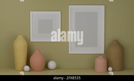Rendering 3D, design degli interni con cornici mock-up su parete verde e decorazioni per la casa in vasi color pastello, illustrazione 3D Foto Stock