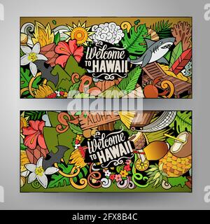 Cartoon carino vettore doodles colorati Hawaii banner Illustrazione Vettoriale