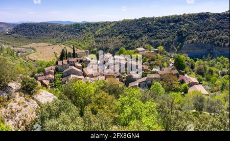 Francia, Ardeche, Parco Nazionale delle Cévennes, Parco Naturale Regionale dei Monts d'Ardeche, Les Vans, Naves Village (vista aerea) // Francia, Ardèche (07), Parc na Foto Stock