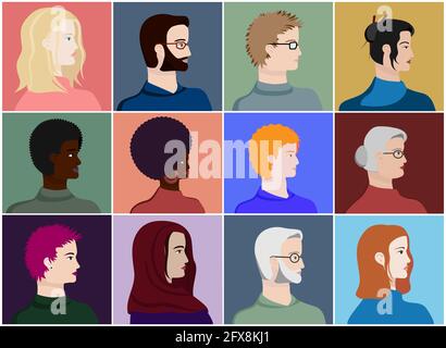 Un insieme di volti di persone di profilo: Uomini, donne, giovani e anziani di diverse razze e nazioni. Diversità. Avatar. Illustrazione piatta vettoriale... Illustrazione Vettoriale