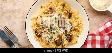 Risoni, funghi, salsa, parmigiano, timo, aglio, olio d'oliva, in piastra bianca su ardesia, pietra o fondo di cemento. Vista dall'alto con Foto Stock