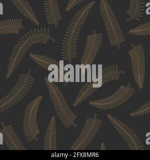 Foglie di felce tropicali oro contorno disegno senza cuciture modello. Sfondo nero. Illustrazione Vettoriale