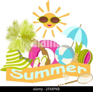 Composizioni estive trasparenti isolate con accessori da spiaggia e sole disegnato in uno stile piatto cartoon Illustrazione Vettoriale