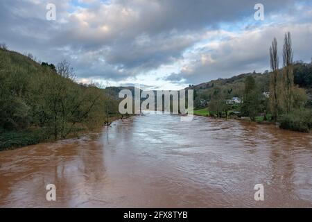 Il fiume Wye in spate a Brockweir. Foto Stock