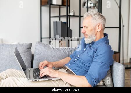 Vista laterale uomo bearded di mezza età sdraiato sul divano con un computer portatile, lavorando a distanza da casa, uomo carismatico senior in camicia casual digitazione, l'invio di e-mail, messaggi Foto Stock