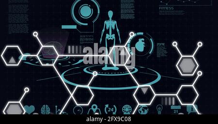 Composizione di scheletro umano e icone mediche con rete di connessioni su sfondo nero Foto Stock
