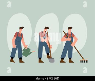 i caratteri di giardinieri maschili che praticano le attività Illustrazione Vettoriale