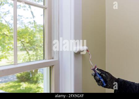 Handyman dipinge un telaio di stampaggio di finestre con un rullo di vernice Foto Stock