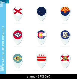 Insieme di bandiere, icona della posizione della mappa in blu con bandiera dello stato degli Stati Uniti di Alabama, Alaska, Arizona, Arkansas, Colorado, Connecticut, Delaware, Distretto di Illustrazione Vettoriale
