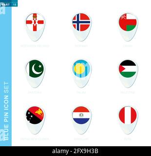 Insieme di bandiere PIN, icona della posizione della mappa in blu con bandiera dell'Irlanda del Nord, Norvegia, Oman, Pakistan, Palau, Palestina, Papua Nuova Guinea, Paraguay, PE Illustrazione Vettoriale