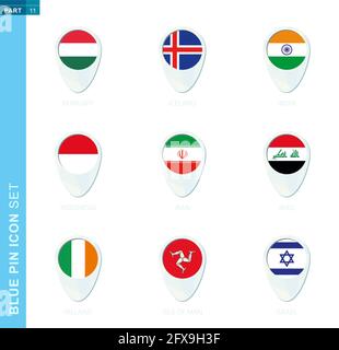 Set di bandiere PIN, icona della posizione della mappa in blu con bandiera di Ungheria, Islanda, India, Indonesia, Iran, Iraq, Irlanda, Isola di Man, Israele Illustrazione Vettoriale