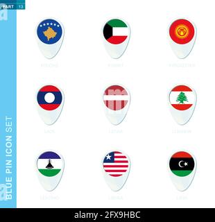 Insieme di bandiere, icona della posizione della mappa in blu con bandiera di Kosovo, Kuwait, Kirghizistan, Laos, Lettonia, Libano, Lesotho, Liberia, Libia Illustrazione Vettoriale