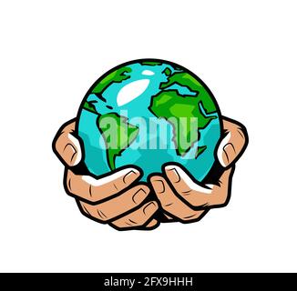 Mani che tengono il globo terrestre. Natura, concetto di ecologia illustrazione vettoriale Illustrazione Vettoriale
