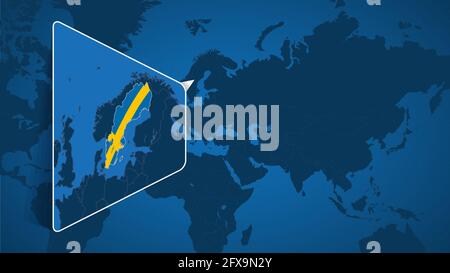 Posizione della Svezia sulla mappa mondiale con carta ingrandita della Svezia con bandiera. Modello vettoriale geografico per il progetto. Illustrazione Vettoriale