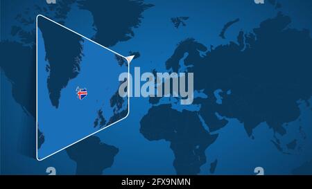 Posizione dell'Islanda sulla mappa del mondo con mappa ingrandita dell'Islanda con bandiera. Modello vettoriale geografico per il progetto. Illustrazione Vettoriale