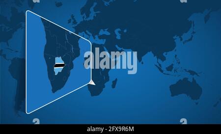 Posizione del Botswana sulla mappa del mondo con mappa ingrandita del Botswana con bandiera. Modello vettoriale geografico per il progetto. Illustrazione Vettoriale