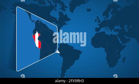 Posizione del Perù sulla mappa del mondo con carta ingrandita del Perù con bandiera. Modello vettoriale geografico per il progetto. Illustrazione Vettoriale