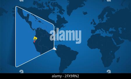Posizione dell'Ecuador sulla mappa del mondo con carta ingrandita dell'Ecuador con bandiera. Modello vettoriale geografico per il progetto. Illustrazione Vettoriale
