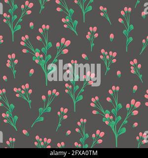 pattern con ramoscelli e bacche, su sfondo scuro Foto Stock
