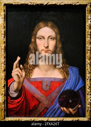 Francia, Parigi, Museo del Louvre, Mostra Leonardo da Vinci, Collezione privata, laboratorio Leonardo da Vinci, Salvator Mundi Foto Stock