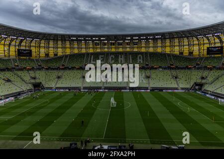 Danzica, Polonia. 25 Maggio 2021. Una visione generale della Gdansk Arena durante la sessione di allenamento ufficiale un giorno prima della finale della UEFA Europa League 2021 tra Villarreal CF e Manchester United alla Gdansk Arena. (Foto di Mikolaj Barbanell/SOPA Images/Sipa USA) Credit: Sipa USA/Alamy Live News Foto Stock