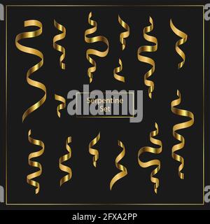 serpentina a nastro 3d dorata su sfondo scuro. Collezione di festive vettore streamer confetti. Elementi decorativi flayer di auguri natalizi. Illustrazione Vettoriale