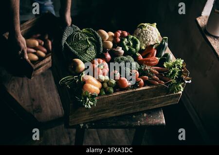 Da sopra contenitore con verdure fresche assortite poste su sgabello vicino anonimo contadino di sesso maschile scatola di trasporto in camera oscura Foto Stock