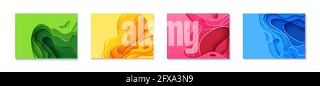 Set di quattro volantini orizzontali in stile carta tagliata. Modello blu, verde, giallo e rosa per poster, brochure, presentazioni, inviti con posto Illustrazione Vettoriale