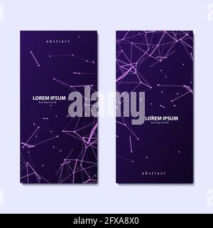 Due volantini con fondo viola in plexus astratto con linee e punti viola collegati. Disegno geometrico vettoriale minimalista. Connessione di rete Illustrazione Vettoriale