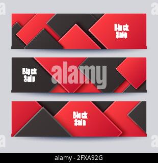 Astratti tre striscioni con rombo a strati nero e rosso. Volantini vettoriali motivo geometrico minimalista con taglio di carta. Concetto di design per celebrare la carta Illustrazione Vettoriale
