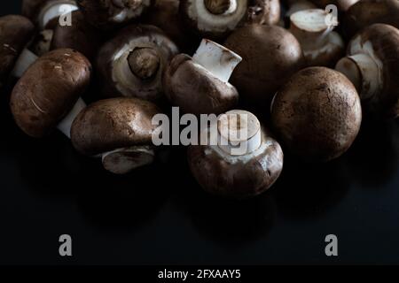 Mucchio di funghi freschi isolato su fondo bianco con percorso di ritaglio e piena profondità di campo. Preparazione per la cena. Foto Stock