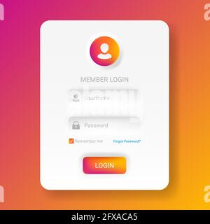 Menu di login dei membri in stile neomorfico o neomorfista, moderno kit UI UX 2020 minimalistico bianco, illustrazione vettoriale facile da modificare. Illustrazione Vettoriale