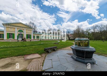 Colonnato delle sorgenti minerali di sale e prato (Kolonáda Solný a Luční pramen in ceco) nel parco termale - grande città termale Frantiskovy Lazne (Franzensbad) Foto Stock