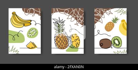 Esotico, frutti tropicali muro lineart decorazione. Ananas, banane, kiwi. Set di illustrazioni vettoriali, un lineart di parete continuo per cucina o. Illustrazione Vettoriale